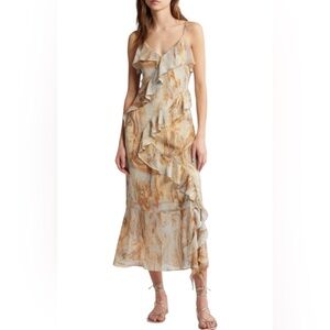 Blu Pepper Marble-Print Ruffle midi chiffon sunDress Beige/Tan size large